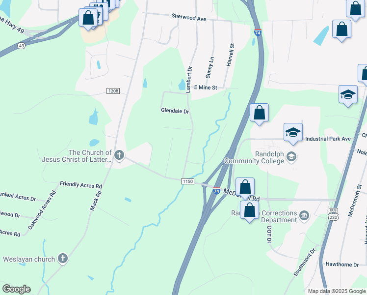 map of restaurants, bars, coffee shops, grocery stores, and more near 2361 Lambert Drive in Asheboro