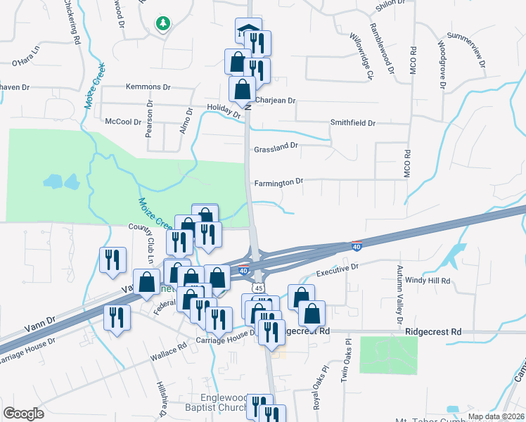 map of restaurants, bars, coffee shops, grocery stores, and more near 2505-2507 North Highland Avenue in Jackson