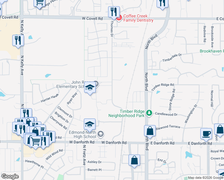 map of restaurants, bars, coffee shops, grocery stores, and more near 1901 Thomas Drive in Edmond