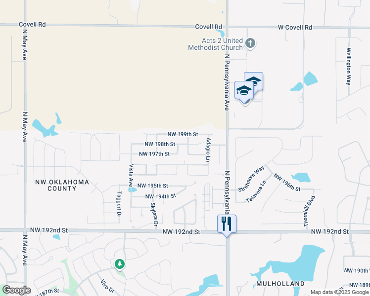 map of restaurants, bars, coffee shops, grocery stores, and more near 2328 Northwest 197th Street in Edmond