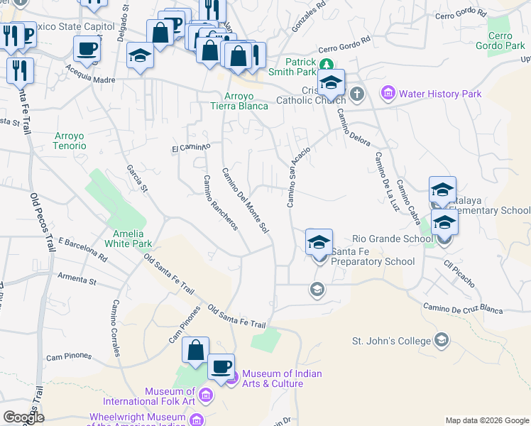 map of restaurants, bars, coffee shops, grocery stores, and more near 643 Camino Del Monte Sol in Santa Fe