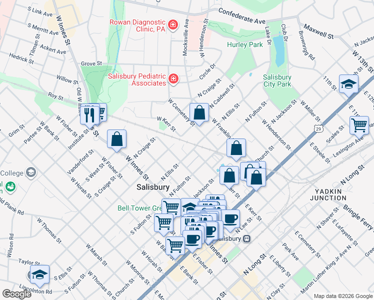 map of restaurants, bars, coffee shops, grocery stores, and more near 314 North Ellis Street in Salisbury