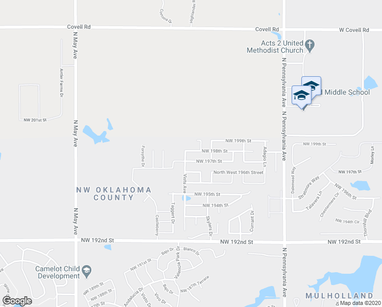 map of restaurants, bars, coffee shops, grocery stores, and more near 2444 Northwest 198th Street in Edmond