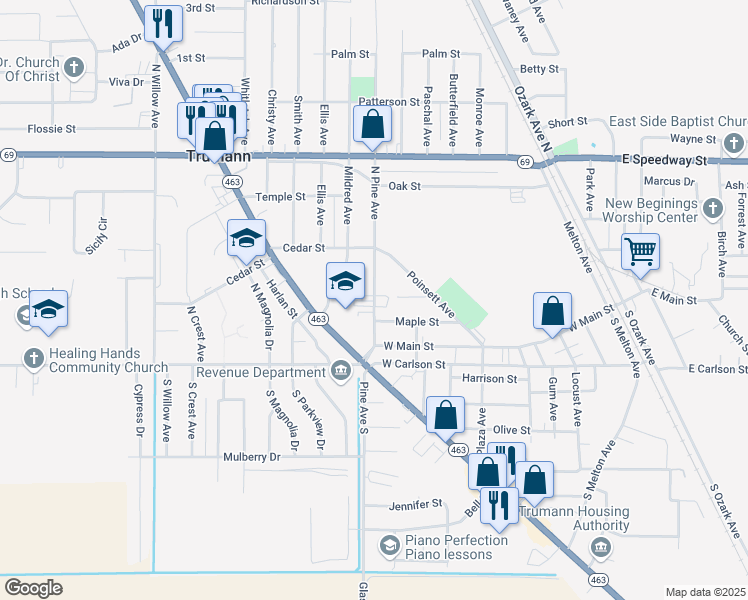map of restaurants, bars, coffee shops, grocery stores, and more near 221 North Pine Avenue in Trumann