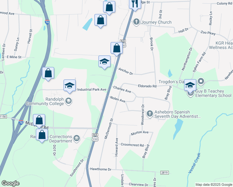 map of restaurants, bars, coffee shops, grocery stores, and more near 123 Nolen Avenue in Asheboro