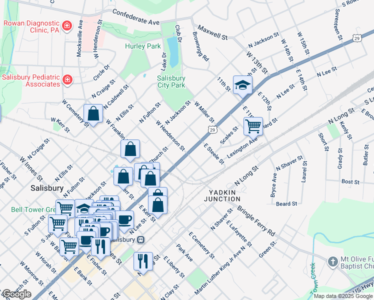 map of restaurants, bars, coffee shops, grocery stores, and more near 800 North Main Street in Salisbury