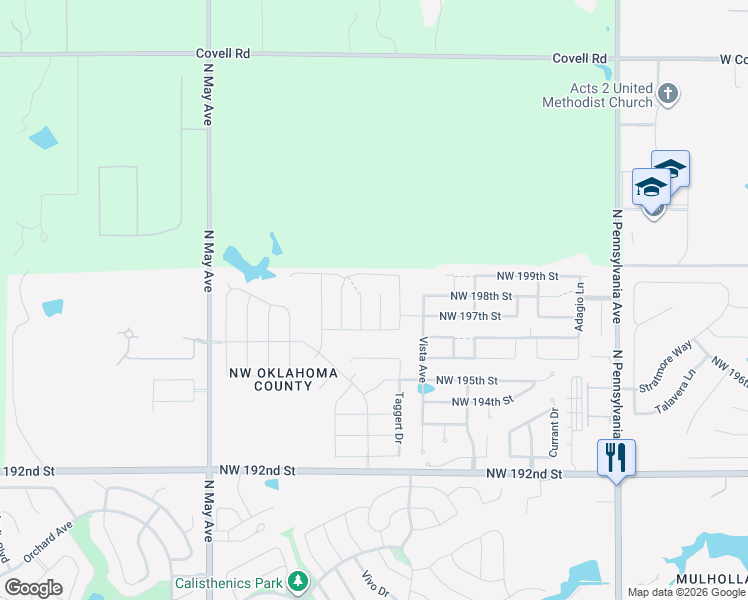 map of restaurants, bars, coffee shops, grocery stores, and more near 19713 Brunswick Court in Edmond