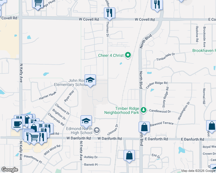 map of restaurants, bars, coffee shops, grocery stores, and more near 1579-1917 Thomas Dr in Edmond