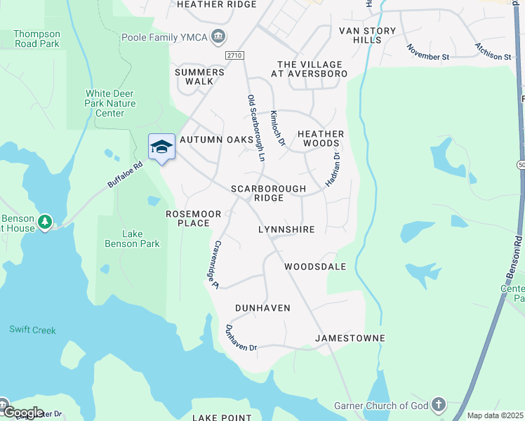 map of restaurants, bars, coffee shops, grocery stores, and more near 2407 Buffaloe Road in Garner