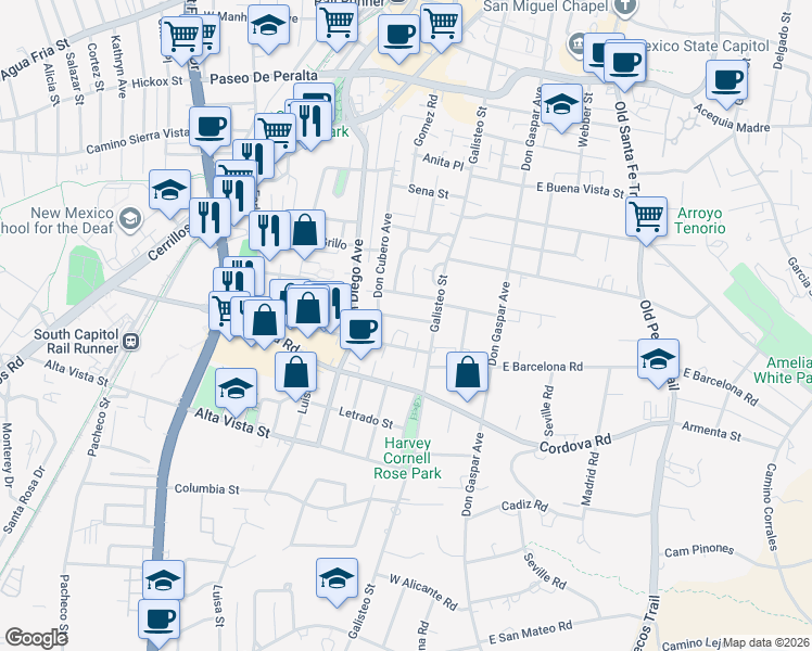 map of restaurants, bars, coffee shops, grocery stores, and more near 214 Camino De Los Marquez in Santa Fe