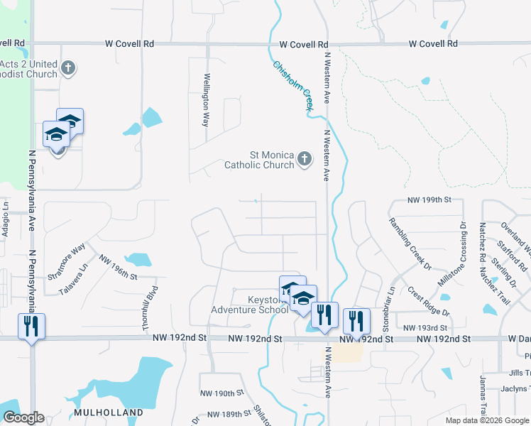 map of restaurants, bars, coffee shops, grocery stores, and more near 1301 Lariat Drive in Edmond
