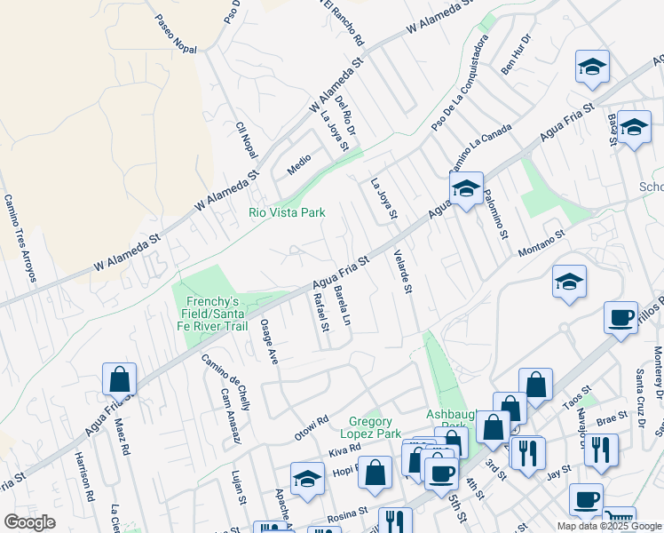 map of restaurants, bars, coffee shops, grocery stores, and more near 1802 Agua Fria Street in Santa Fe