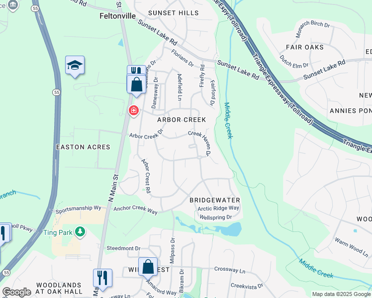 map of restaurants, bars, coffee shops, grocery stores, and more near 101 Malmedy Drive in Holly Springs