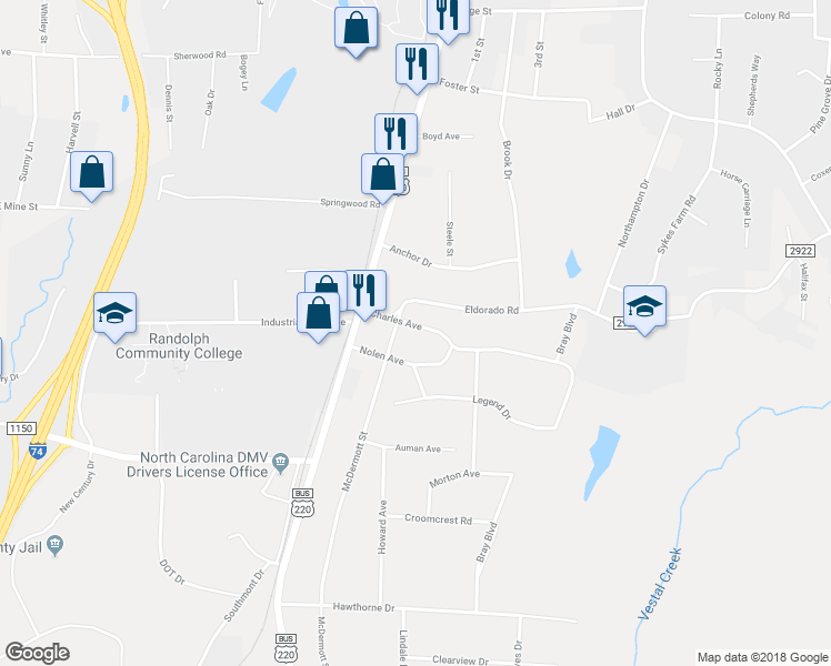 map of restaurants, bars, coffee shops, grocery stores, and more near 226 Charles Avenue in Asheboro