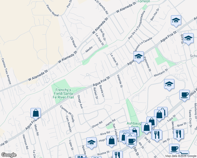 map of restaurants, bars, coffee shops, grocery stores, and more near 1802 Agua Fria Street in Santa Fe