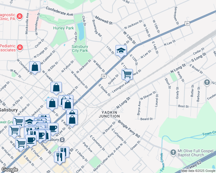 map of restaurants, bars, coffee shops, grocery stores, and more near North Lee Street in Salisbury