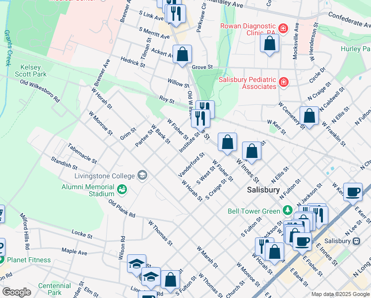 map of restaurants, bars, coffee shops, grocery stores, and more near 205 Institute Street in Salisbury