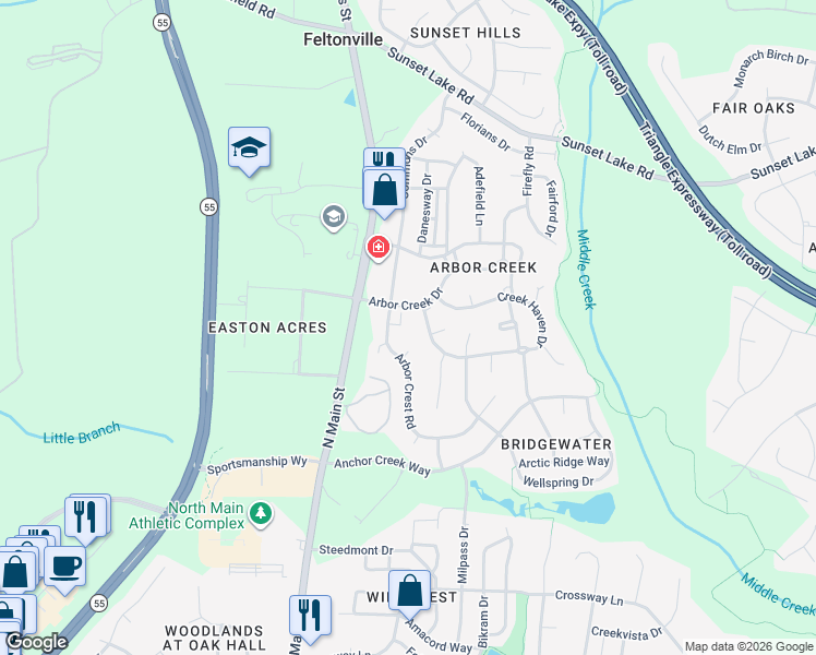 map of restaurants, bars, coffee shops, grocery stores, and more near 100 Creek Haven Drive in Holly Springs