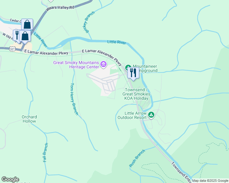 map of restaurants, bars, coffee shops, grocery stores, and more near 135 McCarter Road in Townsend