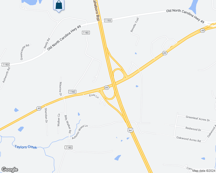 map of restaurants, bars, coffee shops, grocery stores, and more near 1362 North Carolina 49 in Asheboro