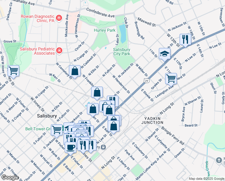 map of restaurants, bars, coffee shops, grocery stores, and more near 215 West Henderson Street in Salisbury
