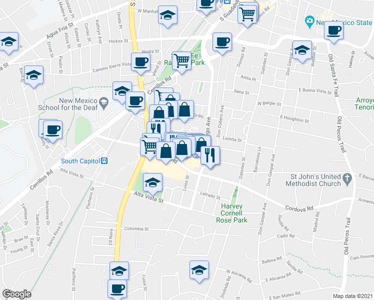 map of restaurants, bars, coffee shops, grocery stores, and more near 513 Camino De Los Marquez in Santa Fe