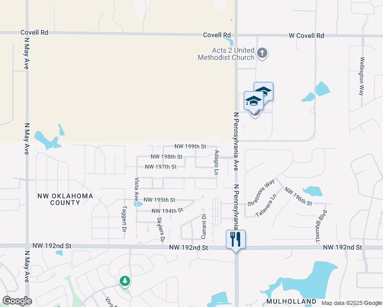 map of restaurants, bars, coffee shops, grocery stores, and more near 2305 Northwest 198th Street in Edmond
