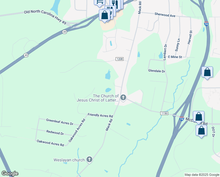 map of restaurants, bars, coffee shops, grocery stores, and more near Ethan Court in Asheboro