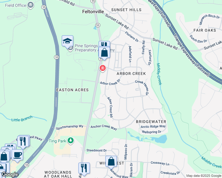 map of restaurants, bars, coffee shops, grocery stores, and more near 119 Arbor Light Road in Holly Springs