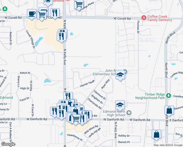 map of restaurants, bars, coffee shops, grocery stores, and more near 1800 Coopers Hawk Court in Edmond