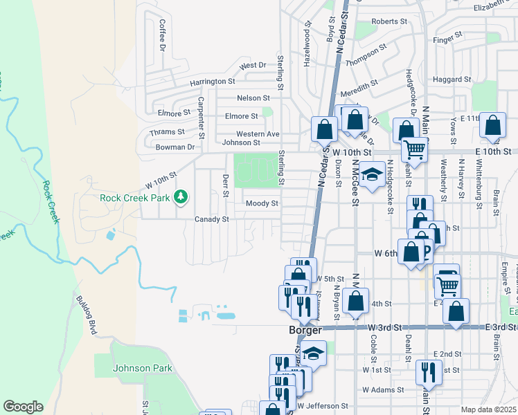 map of restaurants, bars, coffee shops, grocery stores, and more near 800-828 Moody Street in Borger