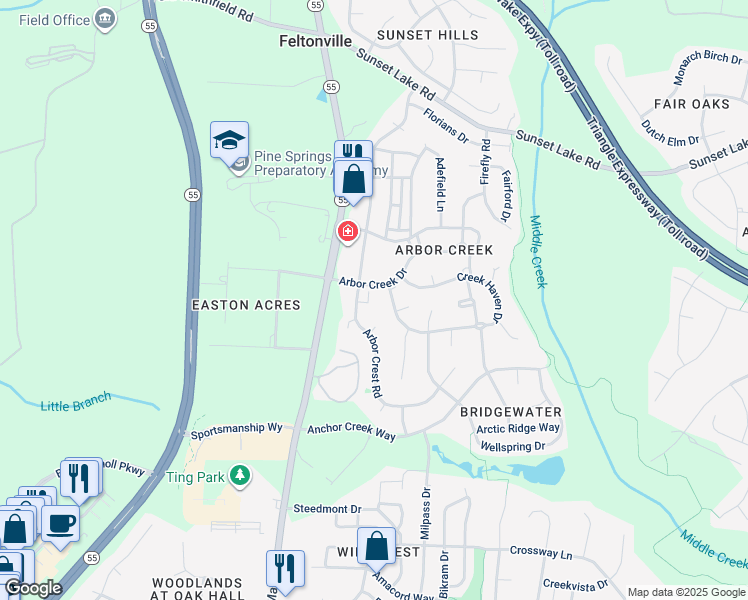 map of restaurants, bars, coffee shops, grocery stores, and more near 121 Arbor Light Road in Holly Springs