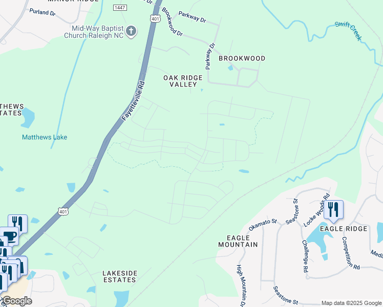 map of restaurants, bars, coffee shops, grocery stores, and more near 348 Glen Clova Drive in Raleigh
