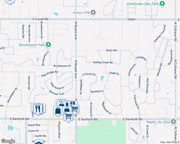 map of restaurants, bars, coffee shops, grocery stores, and more near 1615 East Canary Drive in Edmond