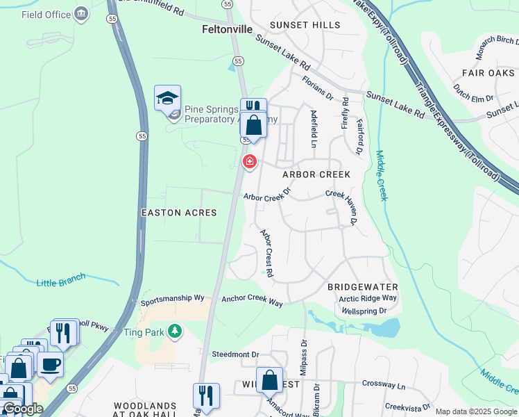 map of restaurants, bars, coffee shops, grocery stores, and more near 139 Arbor Light Road in Holly Springs