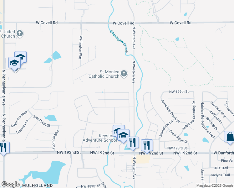map of restaurants, bars, coffee shops, grocery stores, and more near 1200 Northwest 199th Street in Edmond
