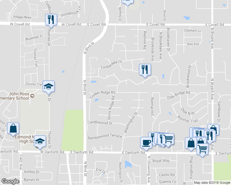 map of restaurants, bars, coffee shops, grocery stores, and more near 500 Timber Ridge Drive in Edmond