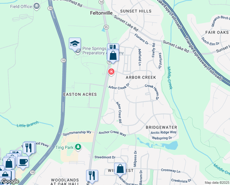 map of restaurants, bars, coffee shops, grocery stores, and more near 139 Arbor Light Road in Holly Springs