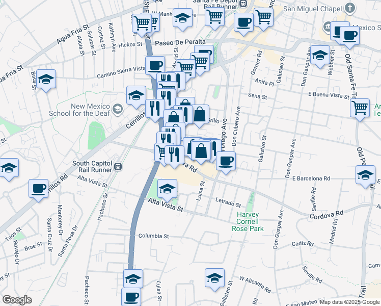 map of restaurants, bars, coffee shops, grocery stores, and more near 1000 Cordova Place in Santa Fe