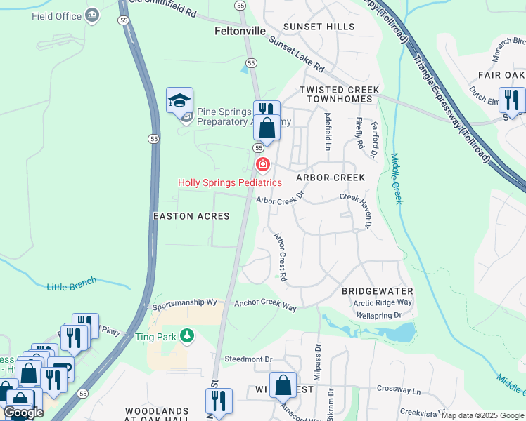 map of restaurants, bars, coffee shops, grocery stores, and more near 104 Arbor Creek Drive in Holly Springs