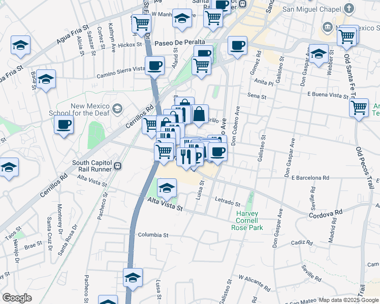 map of restaurants, bars, coffee shops, grocery stores, and more near 1000 Cordova Place in Santa Fe