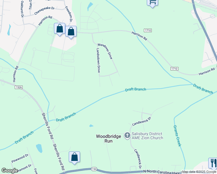 map of restaurants, bars, coffee shops, grocery stores, and more near 1084 Parkside Drive in Salisbury