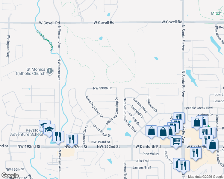 map of restaurants, bars, coffee shops, grocery stores, and more near 505 Northwest 199th Street in Edmond