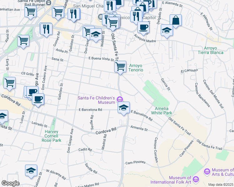 map of restaurants, bars, coffee shops, grocery stores, and more near 1002 Old Pecos Trail in Santa Fe