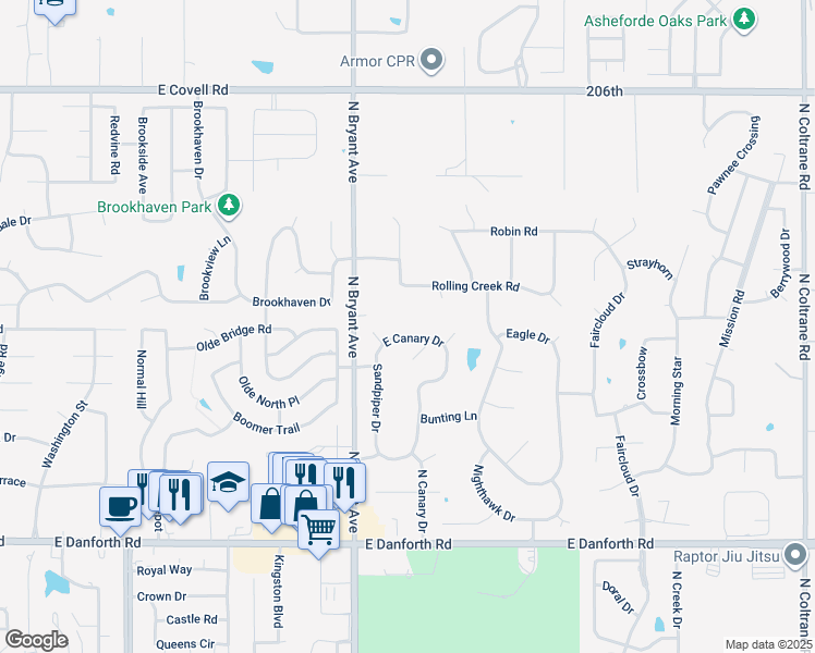 map of restaurants, bars, coffee shops, grocery stores, and more near 1615 East Canary Drive in Edmond