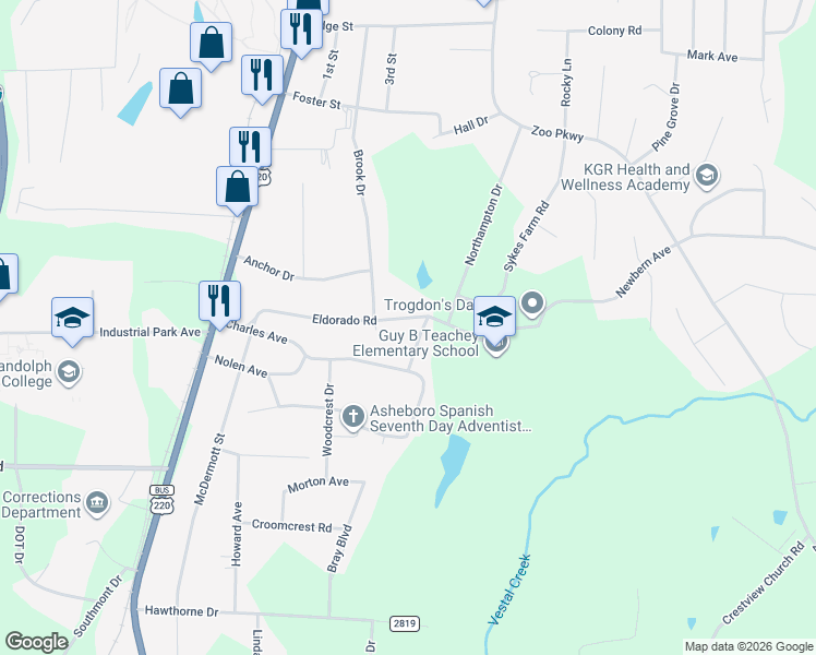 map of restaurants, bars, coffee shops, grocery stores, and more near 448 Eldorado Road in Asheboro