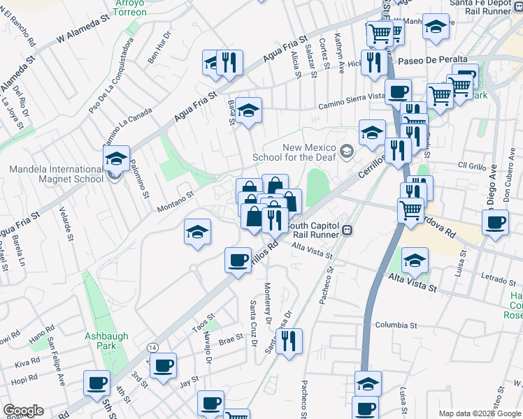 map of restaurants, bars, coffee shops, grocery stores, and more near 821 Baca Street in Santa Fe