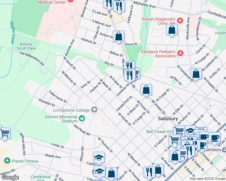 map of restaurants, bars, coffee shops, grocery stores, and more near 1014 West Bank Street in Salisbury