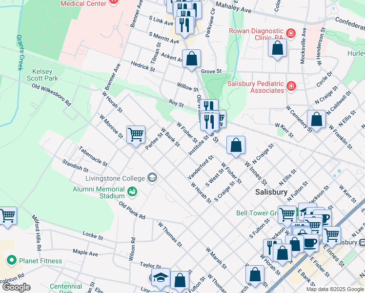 map of restaurants, bars, coffee shops, grocery stores, and more near 1014 West Bank Street in Salisbury