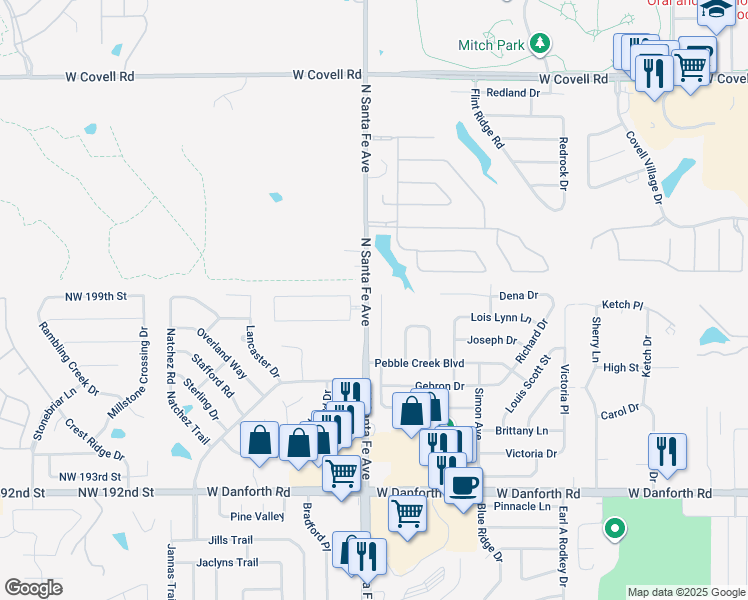map of restaurants, bars, coffee shops, grocery stores, and more near 1909 Raquel Road in Edmond